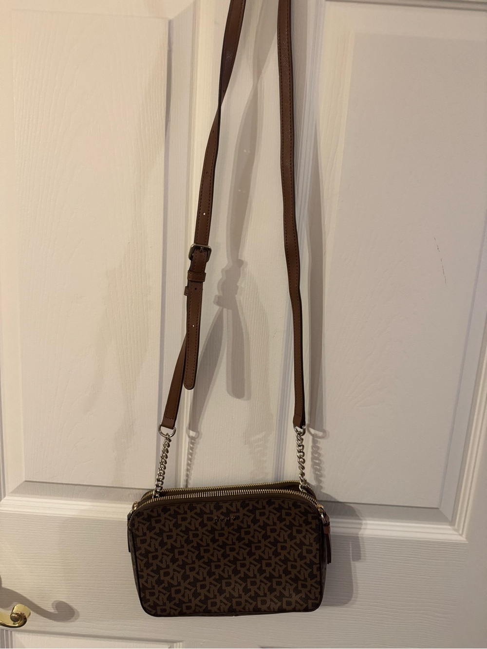 DKNY Brown Monogram Crossbody with Gold-Tone Chain